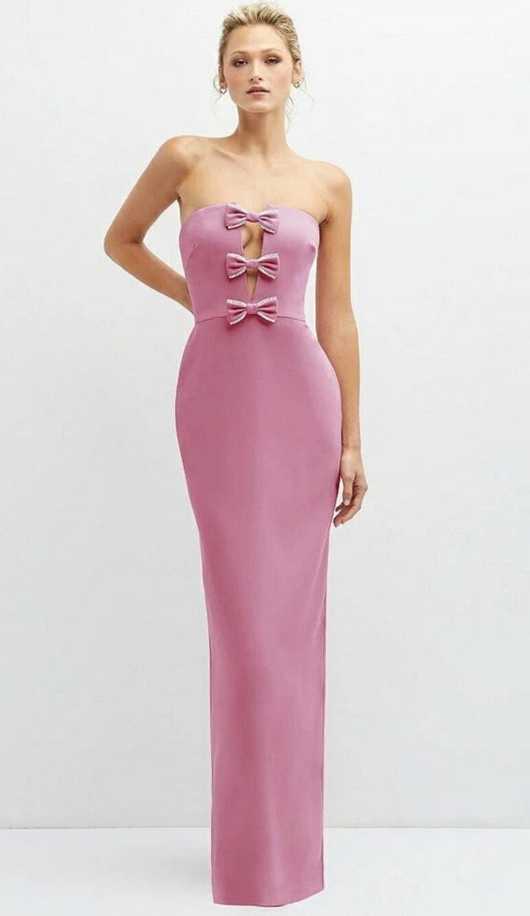 After Six Pink Rhinestone Crystal Trimmed Bow Peek-a-Boo Deep-V Maxi Dress - 0